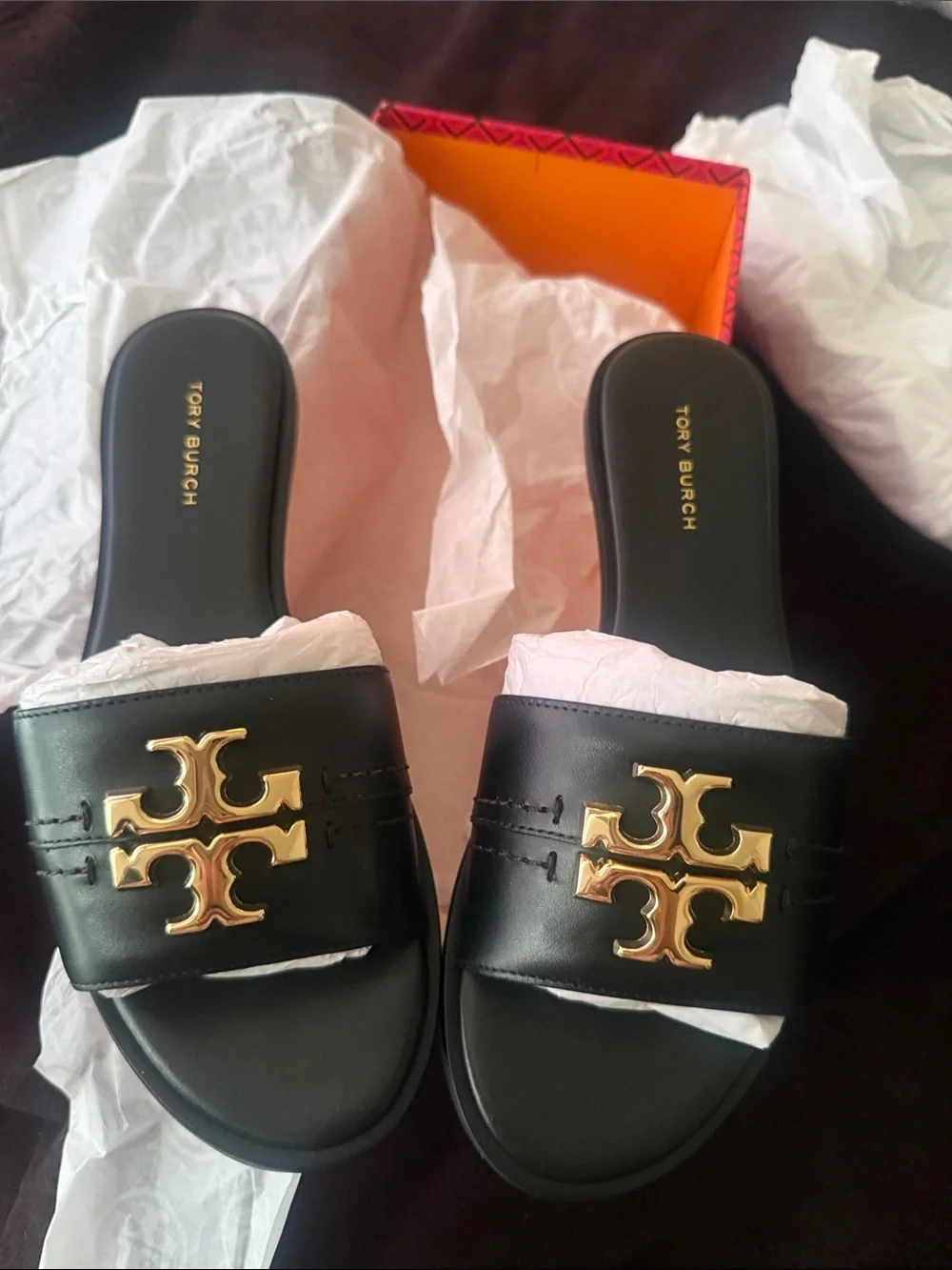 Tory Burch Black Leather Slide Sandals with Gold Hardware